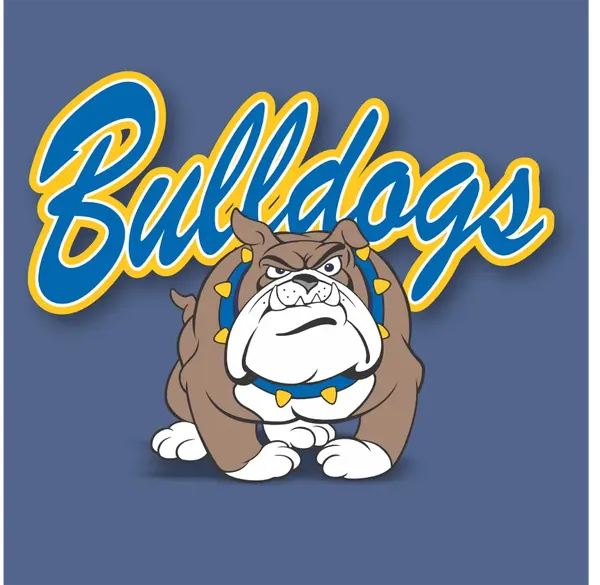 Bulldogs script design with a bulldog mascot