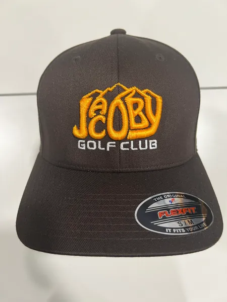 Brown cap with Jacoby Golf Club in raised gold embroidery and white lettering